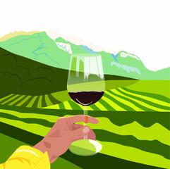 A glass of tasty red wine served in nature. Vector