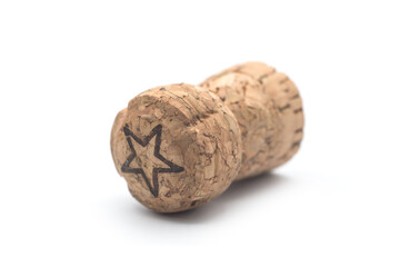 Closeup of Champagne cork on white background