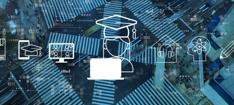 Distance learning theme with busy city traffic intersection