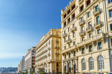 Ancient baroque style palaces on Partenope Street, The beautiful and famous seafront of Naples, Campania, Italy