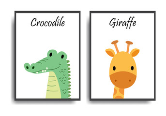 Poster with animals. Cartoon characters. Cartoon animal. Crocodile and Giraffe	