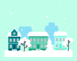 Obraz na płótnie Canvas Vector winter illustration of cityscape with snowfall. Festive background design with architecture, trees and snow.