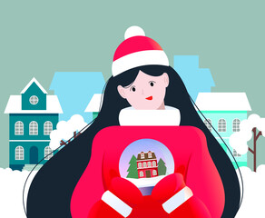Vector winter illustration of a girl holding a glass winter ball on the background of the cityscape.
A smiling girl in Christmas clothes holds a glass snow globe in her hands. Christmas spirit.