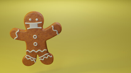 gingerbread man cookie with face mask on yellow background