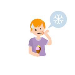 Tooth sensitivity. Man and ice cream. Pain in cheek and cold.
