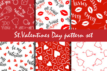 Fototapeta premium St.Valentines Day lettering, hearts and lips seamless pattern set of 6, red and white backgrounds vector for cards, banners, wrapping paper, posters, scrapbooking, pillow, cups and fabric design. 