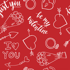 St.Valentines Day seamless pattern  on red background vector for cards, banners, wrapping paper, posters, scrapbooking, pillow, cups and fabric design. Ring, flowers, hearts, love you, arrows, be my.
