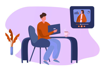 Boy Watching Online Courses.Student Freelancer Working at Home.Online Business School Concept.Online Video Communication.Concept of Video Presentation and Training in Business.Vector Flat illustration