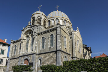 Russian orthodox church of Alexander Nevsky. Orthodox Church built in 1892, in a Byzantine style. Biarritz, Department of Pyrenees-Atlantiques, Nouvelle-Aquitaine region, France. - obrazy, fototapety, plakaty