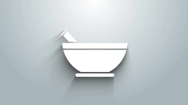 White Mortar and pestle icon isolated on grey background. 4K Video motion graphic animation