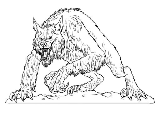 Werewolf howls on moon drawing. Fantasy monster coloring template.	