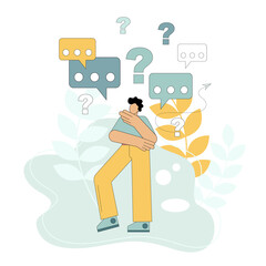 Search for answers to questions. Analysis of the situation. Doubt. Statement of a question. For web page, banner, presentation, social media, documents, postcards, posters. Vector illustration.