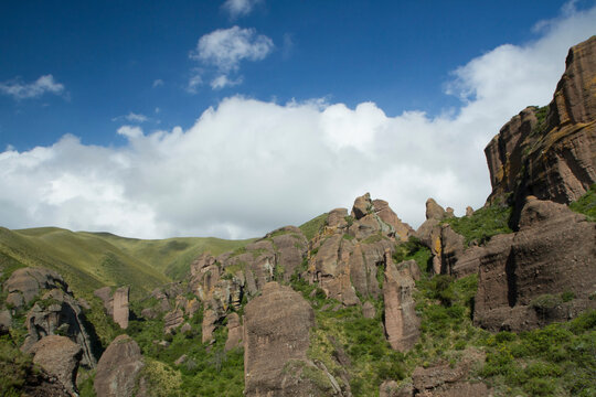 Geology. Panorama view of the mountains, green forest and rock formations called Los Terrones, in Cordoba, Argentina.