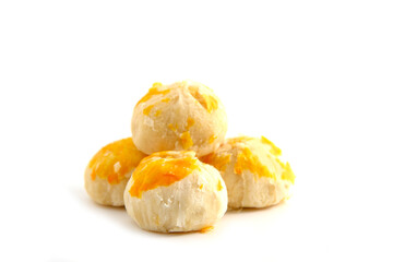 Pile of Chinese pastry on white background. Selective focus.