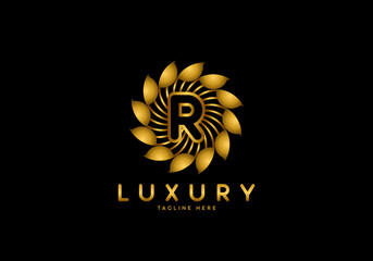 Letter R Golden Flower, Luxury logo template, circle ornament.