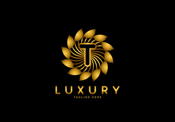Letter T Golden Flower, Luxury logo template, circle ornament.