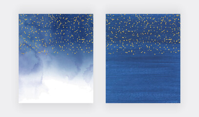 Navy blue watercolor texture with golden confetti 