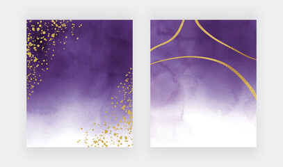 Purple watercolor texture with golden confetti and lines 