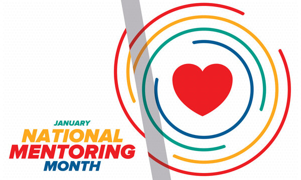 National Mentoring Month in January. Celebrate annual in United States. Personal mentor, coach or teacher. Free knowledge. Education concept. Helping a student in study, training. Vector poster