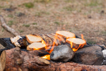 Sausages and bread on handmade barbecue fire on rocks wood camping outdoor lifestyle