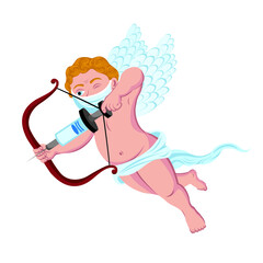 vector illustration of cupid wearing a face mask and aiming with a vaccination needle instead of an arrow