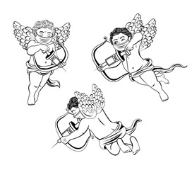 vector illustration of cupid wearing a face mask and aiming with a vaccination needle instead of an arrow