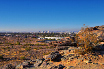 Phoenix Downtown from South Mountain Park and Preserve, Pima Canyon Hiking Trail, Phoenix, Southern...