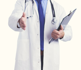 Friendly male doctor with open hand ready for hugging