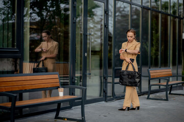 Business Women Style. Woman with Briefcase Going To Work. Portrait Of Beautiful Smiling Female In Stylish Office Clothes. High Resolution.