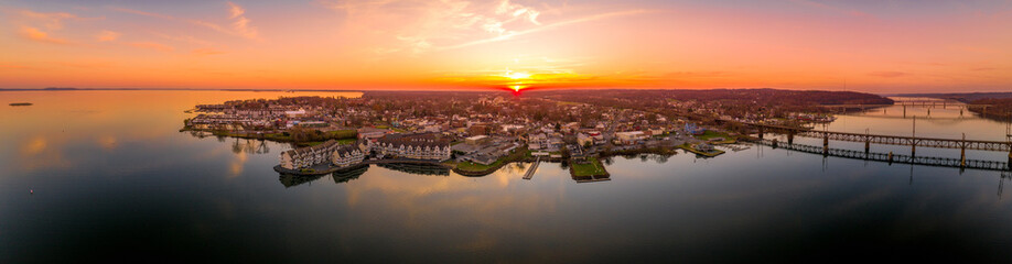 Aerial sunset panorama of Havre De Grace Harford County, Maryland, United States, situated at the...