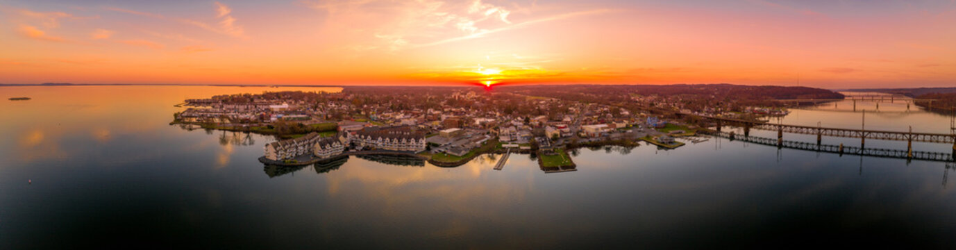 Aerial Sunset Panorama Of Havre De Grace Harford County, Maryland, United States, Situated At The Mouth Of The Susquehanna River And The Head Of Chesapeake Bay One Of The Best American Small Towns