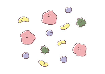 色々な細菌(笑顔)の手描きカラーイラスト