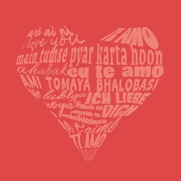I love you design. heart made with the word I love you in many languages. Red background. Valentine's day concept