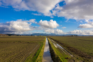 Fototapeta na wymiar Irrigation Ditch in the Skagit Valley, Washington. Skagit County maintains one of the largest and most diverse agricultural communities west of the Cascade mountain range. 