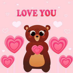 Fototapeta premium Cute childish bear character holding heart candy, card for valentine on pink background in cartoon style, love you postcard for print