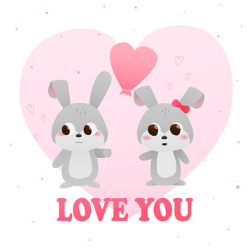 Little cute rabbit present balloon, fell in love, valentine gift card, love you illustration for kids in carton style on heart background