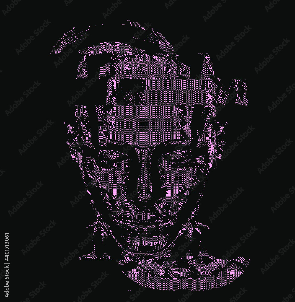 Poster Low poly android head made of pixels and particles. Artificial Intelligence, Neural network and futuristic technology concept.  