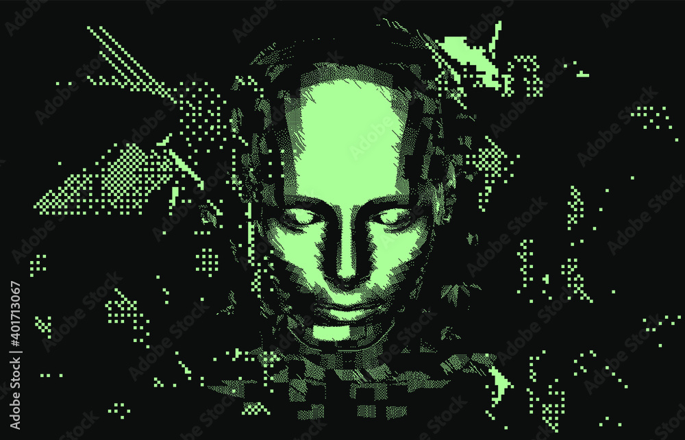 Poster Low poly android head made of pixels and particles. Artificial Intelligence, Neural network and futuristic technology concept.  