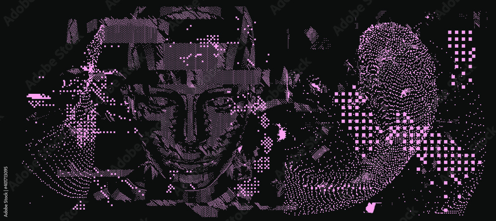Poster Low poly android head made of pixels and particles. Artificial Intelligence, Neural network and futuristic technology concept.  