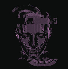 Low poly android head made of pixels and particles. Artificial Intelligence, Neural network and futuristic technology concept.  