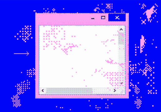 Vaporwave retro user interface with open blank window of text editor. Retrofuturistic abstract illustration with pixel glitches.