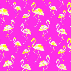 Seamless pattern. Yellow stylized flamingos and on pink background.