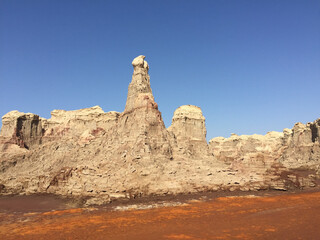 A closeup of towers and pinnacles in the salt canyon of the Dallol Volcano, Hamadela, Danakil...