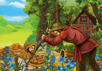 cartoon scene with farmers in the forest near home - illustration