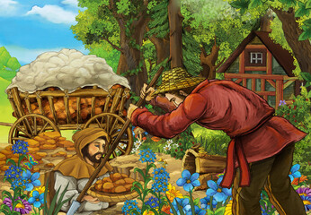 cartoon scene with farmers in the forest near home - illustration