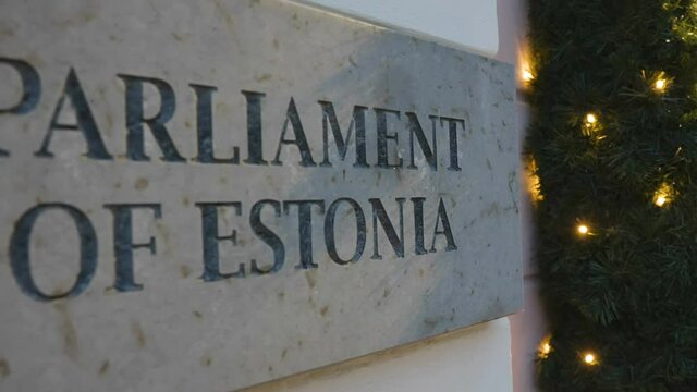 A wall signage on the Parliament of Estonia in Tallinn