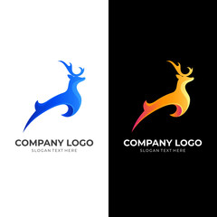 jump deer logo design with 3d yellow and blue color style