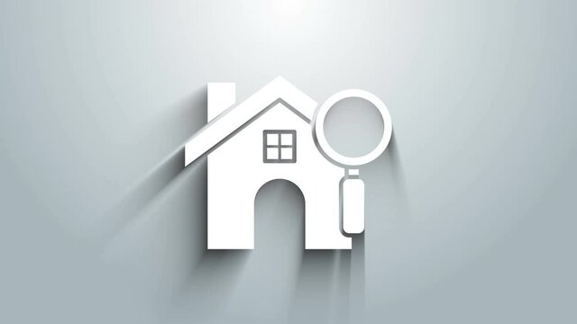 White Search house icon isolated on grey background. Real estate symbol of a house under magnifying glass. 4K Video motion graphic animation
