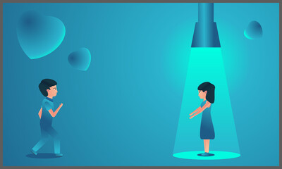 illustration of a man running toward a lover who is illuminated by light from above, in a flat style, blue background, valentine concept