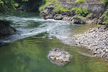 狭隘部分で流れが変わっているのがよくわかる川の風景